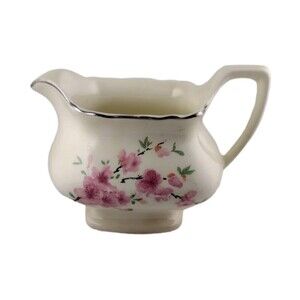 Vintage WS George Gravy Boat Silver Trim Pink Floral Buds Creamer Crazing READ